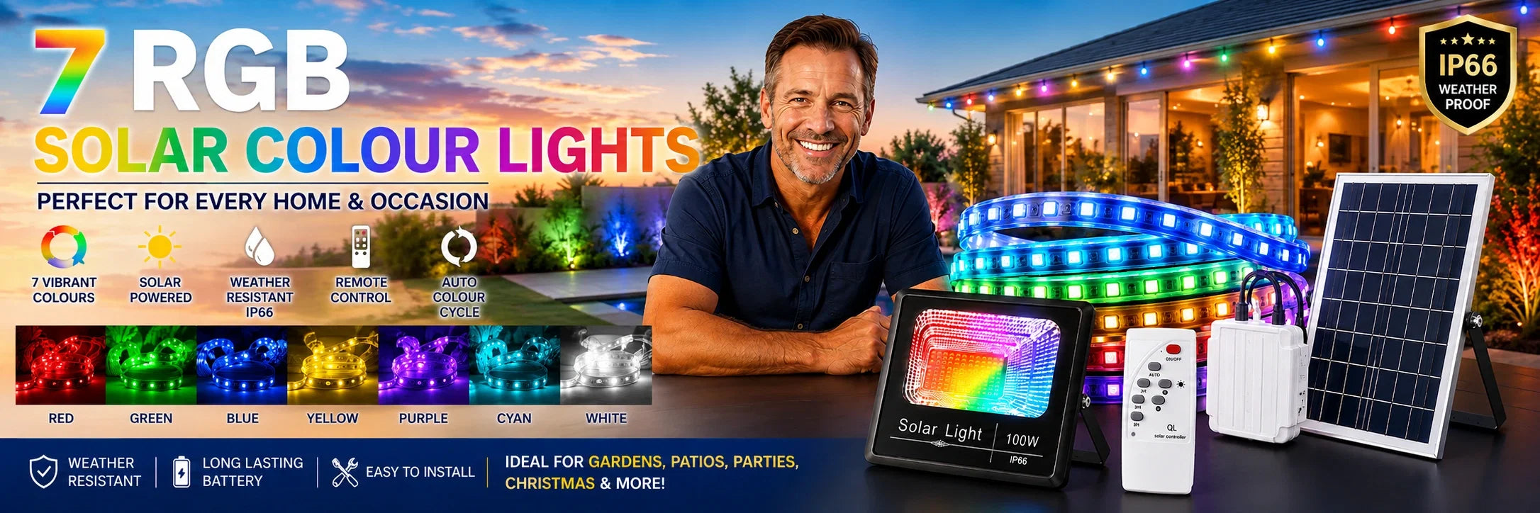 RGB 7 Colour Solar LED Strip Lights