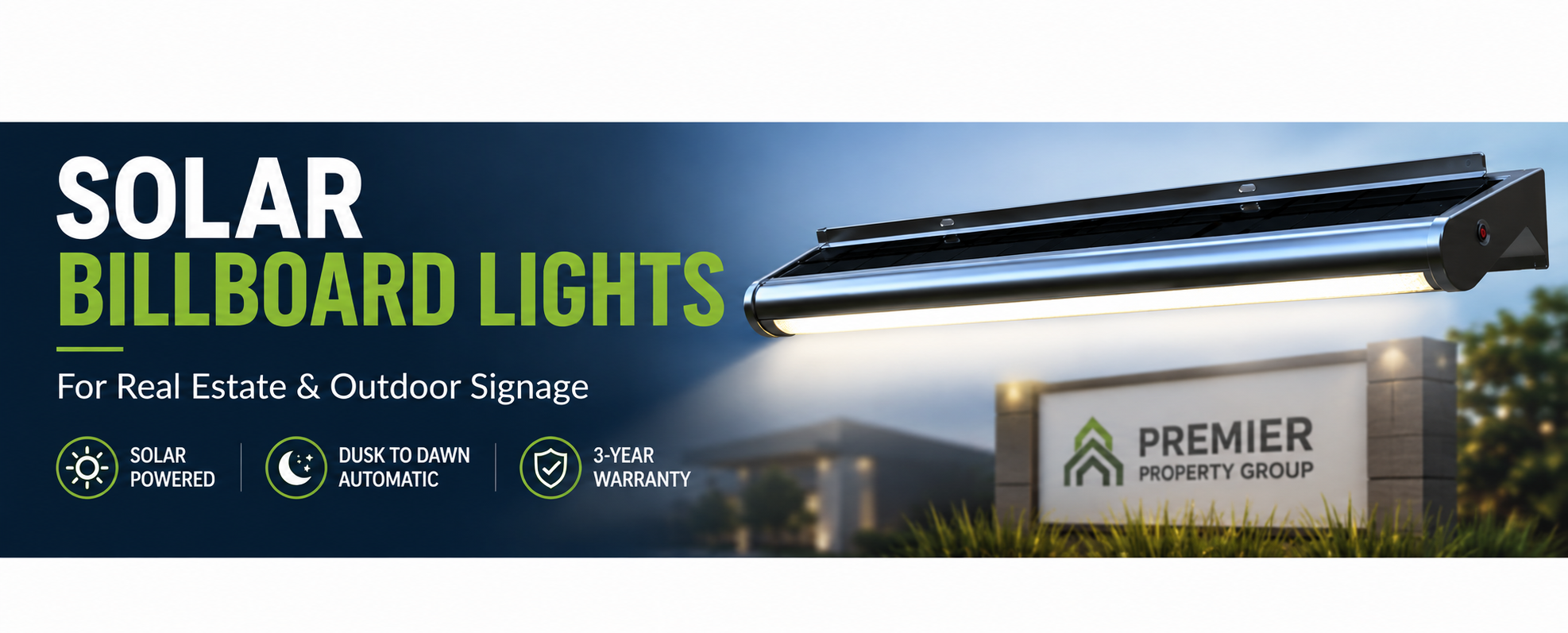 Commercial solar billboard light for outdoor signage in Australia. Bright, solar powered, no wiring, no power bills.