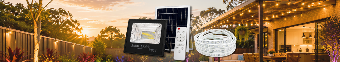 SolarEasy multi-colour solar lights kit featuring a flexible outdoor RGB LED strip light spool, solar panel controller box, and remote control illuminating a backyard garden path and fence line at night.