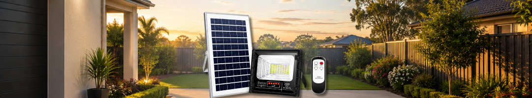 SolarEasy outdoor solar flood lights kit featuring a high-output LED floodlight fixture, a standalone monocrystalline solar panel, and a remote control set against a suburban Australian home driveway and garden backyard at sunset.