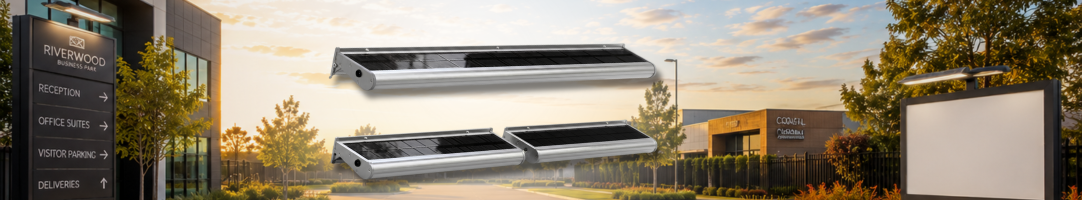 SolarEasy commercial solar billboard lights showing three sleek linear solar lighting fixtures overlaying a business park directional pylon sign and a blank real estate advertising sign board at sunset.