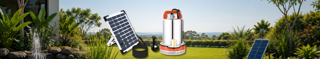 SolarEasy solar fountain pump kit with a stainless steel submersible pump, standalone solar panels, and water噴泉 fountain feature in a garden.