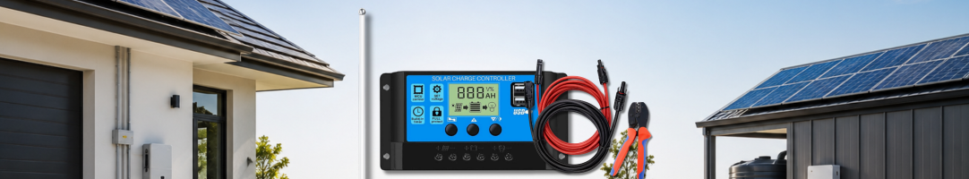 SolarEasy solar panel accessories kit with a blue charge controller, red and black extension cables, MC4 connectors, and crimping tools.