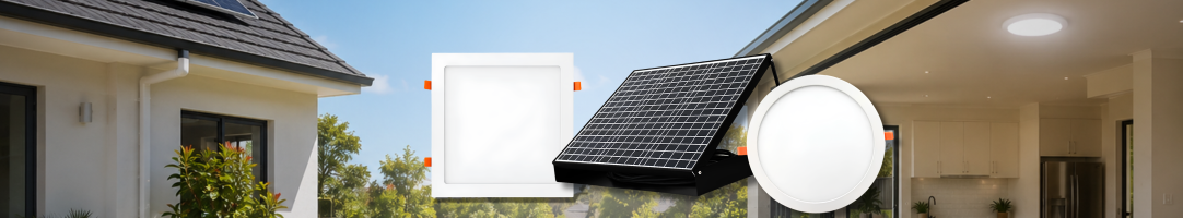 SolarEasy solar skylight kit with square and round LED ceiling panels and a roof-mounted solar panel illuminating a modern residential kitchen.
