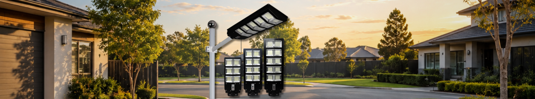 SolarEasy heavy-duty solar street lights with a pole-mounted LED fixture and three multi-panel light options overlaying a residential neighborhood street at sunset.