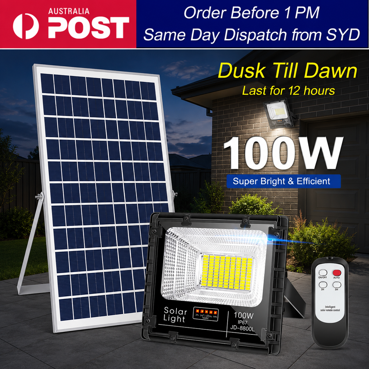 100W solar floodlight JD-8800L kit with remote. Dusk till dawn outdoor solar security lights with IP67 weather protection.