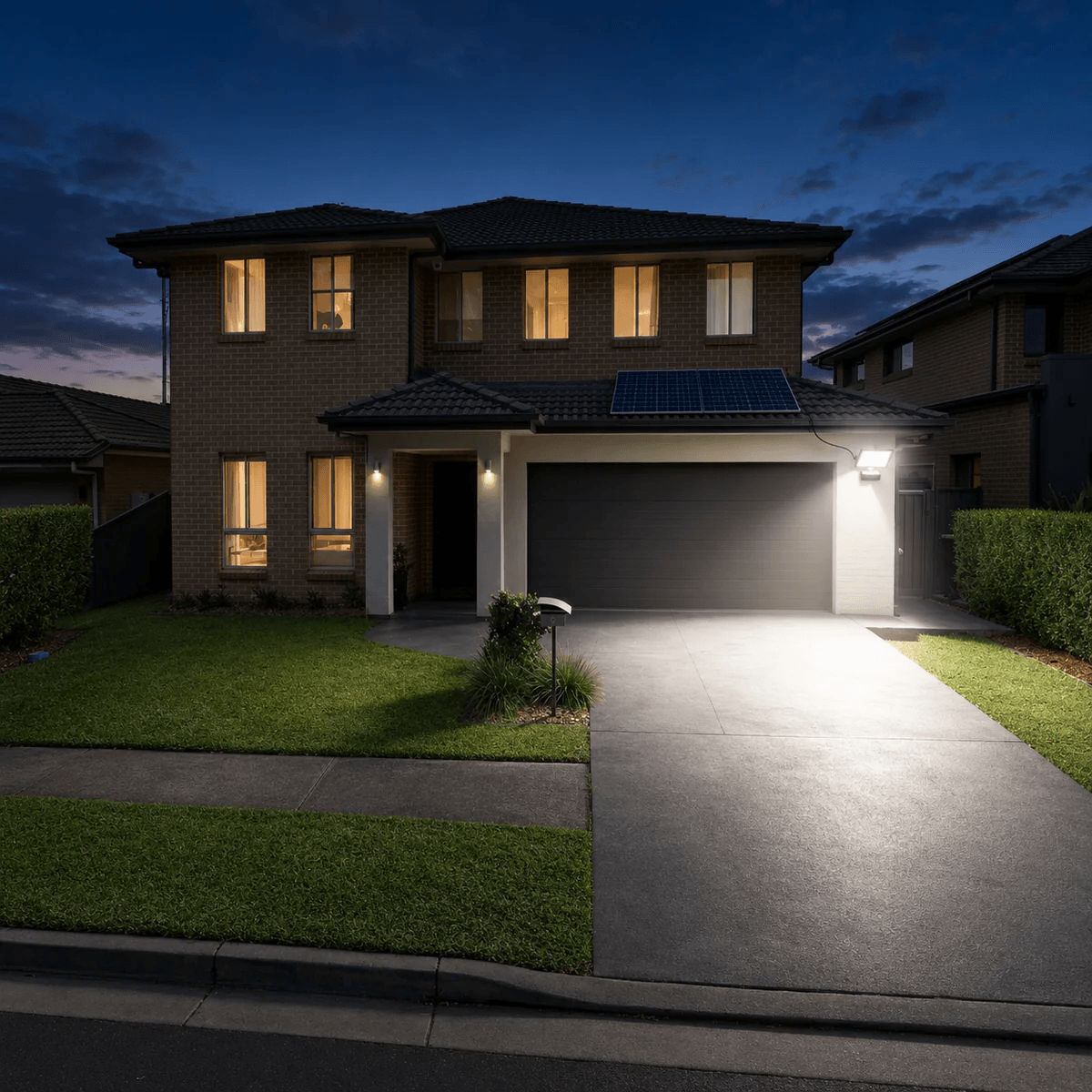 100W solar powered security lights mounted on a brick house exterior. Bright solar outdoor spotlight lighting a driveway area.
