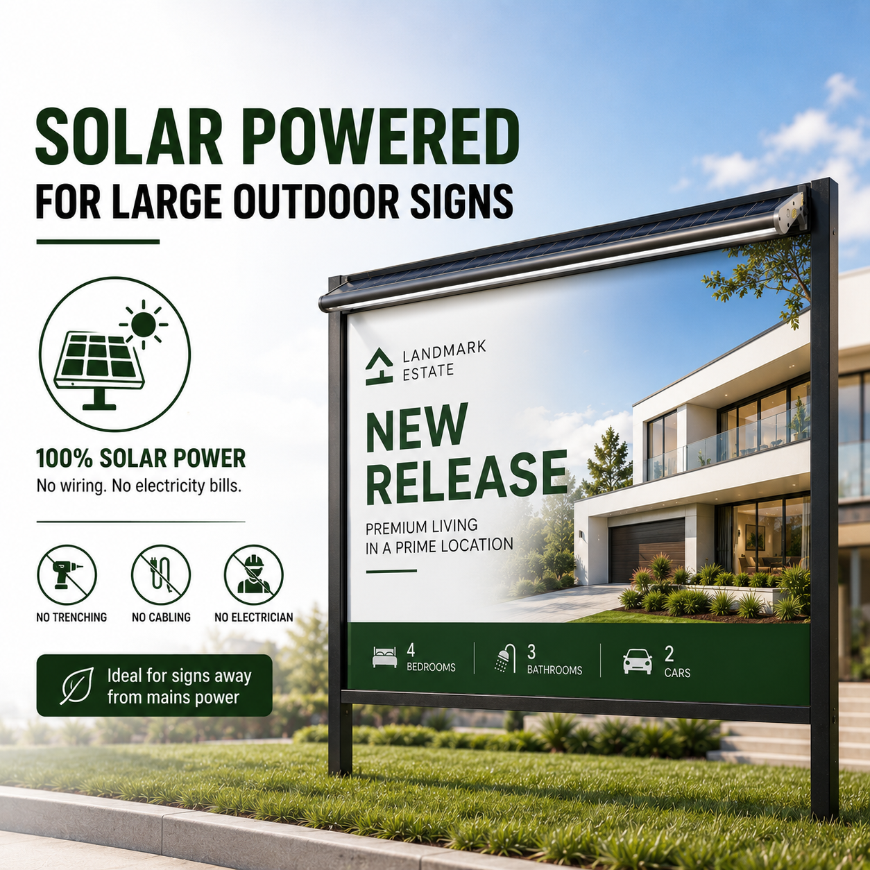 An informational infographic highlights the zero trenching and cabling benefits of a 120cm outdoor solar sign lighting setup on a large estate board.