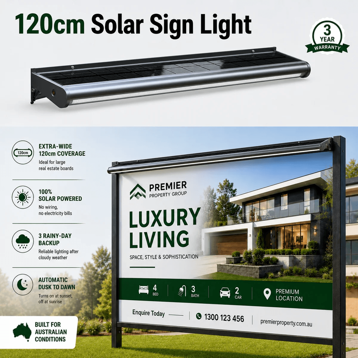 120cm solar real estate sign light infographic showing premium property board lighting features and australian compliance.