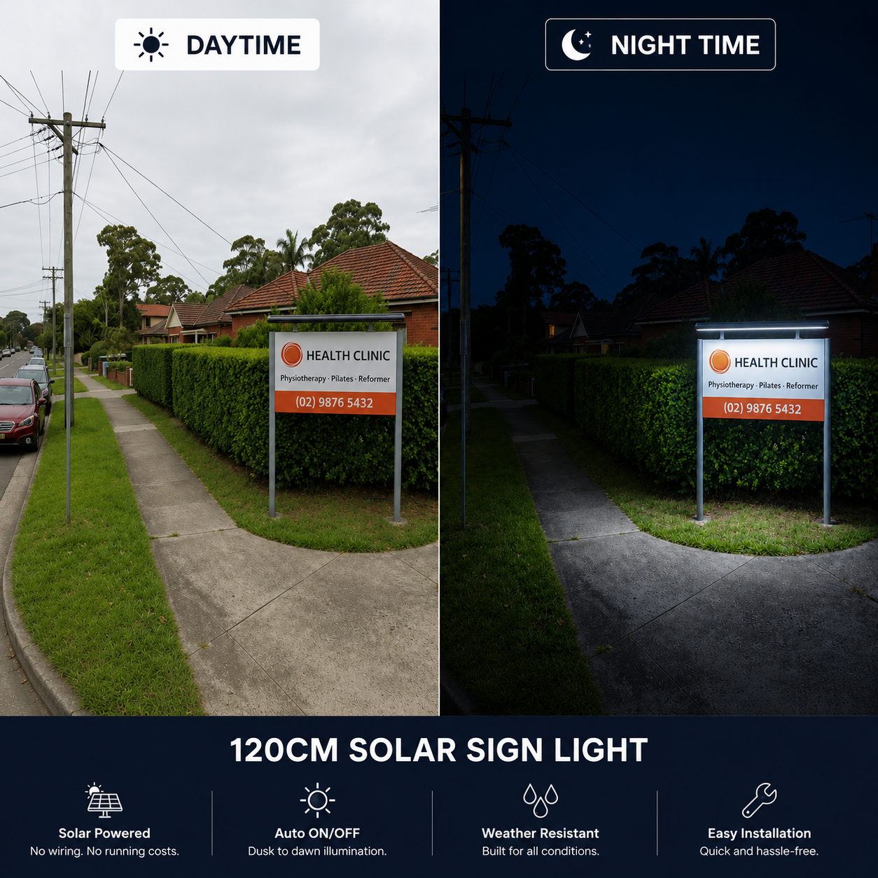 A day and night comparison infographic demonstrates how the 120cm solar sign light charges in daylight and automatically illuminates a commercial billboard sign after dark.