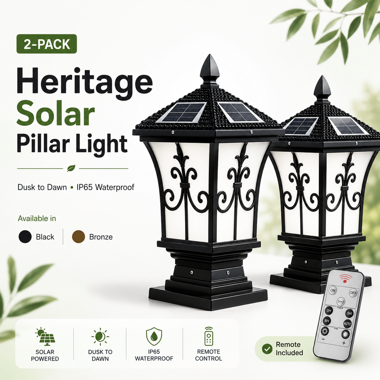 A 2-pack set of black heritage solar pillar lights featuring top solar panels, a wireless remote control, and features detailing dusk-to-dawn waterproof operation for an australian solar gate light setup.
