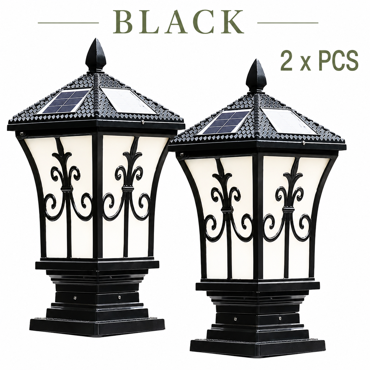 A 2-pack set of black heritage solar light fixtures with integrated roof panels, showcasing the traditional coach lamp variant design option for architectural gate pillar mounting.