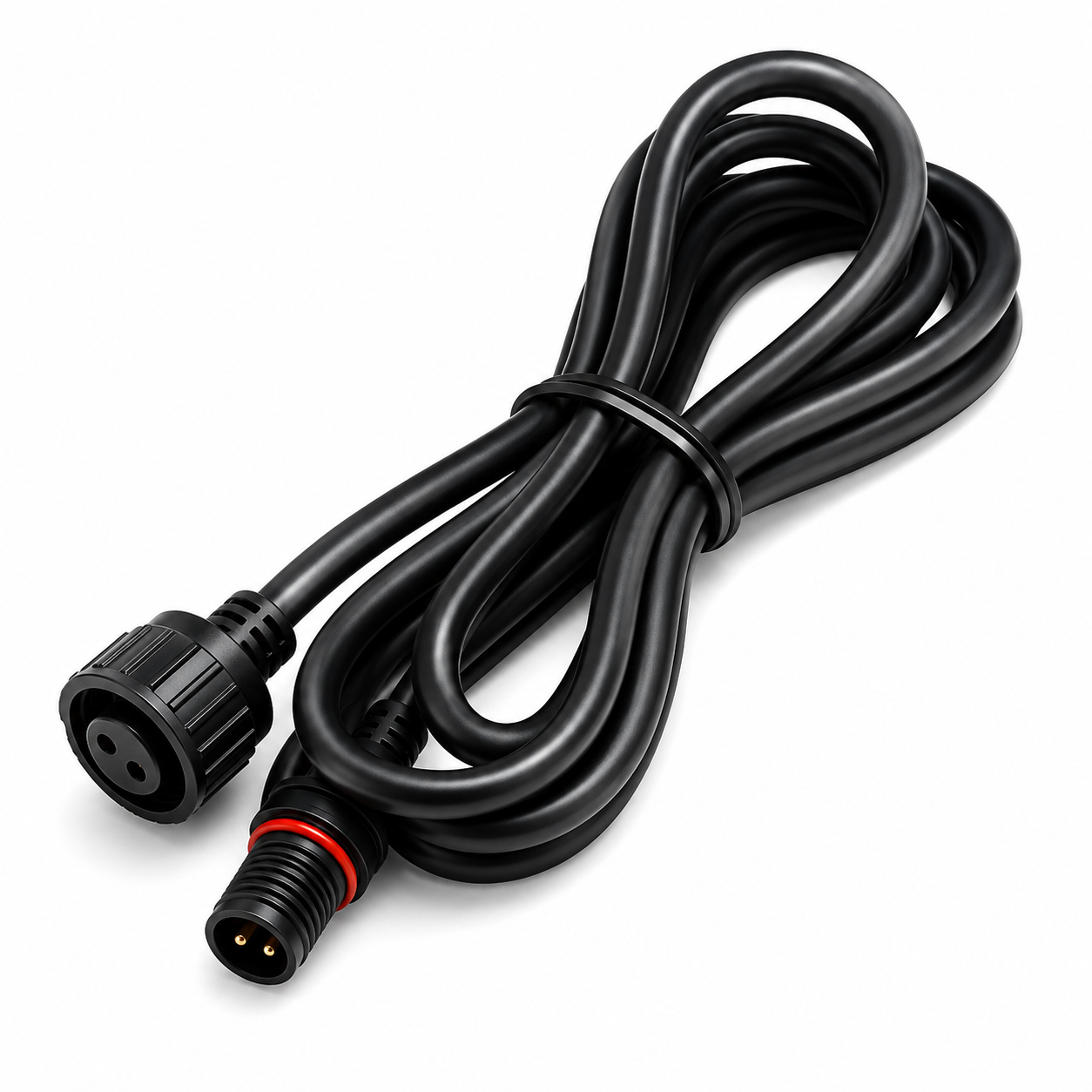 Close-up of a universal 2-pin extension lead designed for connecting a outdoor solar spotlight or garden light setup.