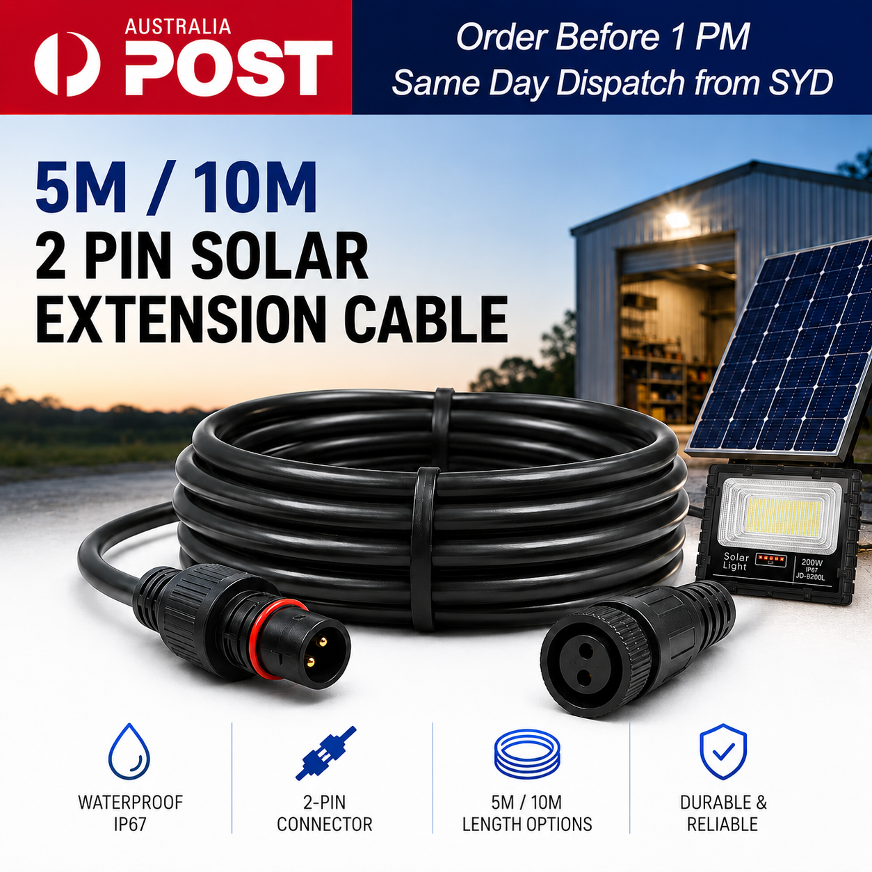 SolarEasy 2 pin waterproof solar extension cable in black showing the male and female connectors, coiled next to an outdoor solar flood light panel.
