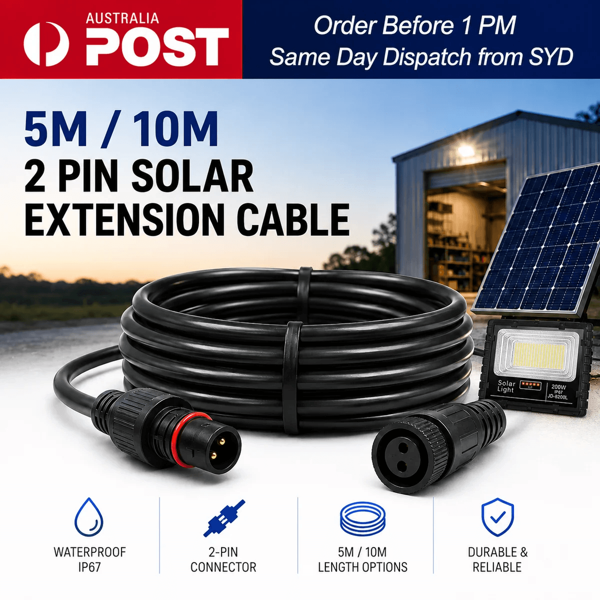 SolarEasy 2 pin waterproof solar extension cable in black showing the male and female connectors, coiled next to an outdoor solar flood light panel.