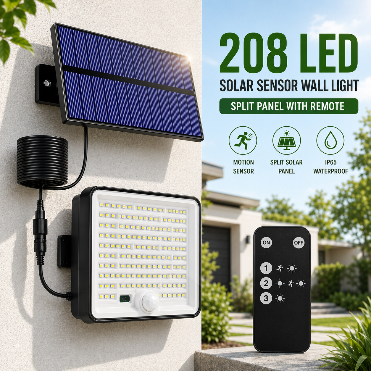 208 LED solar sensor wall light outdoor with a split panel built for harsh Australian weather.