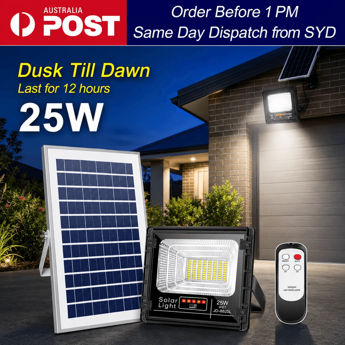 25W solar floodlight JD-8825L kit with remote. Dusk till dawn outdoor solar security lights with IP67 weather protection.