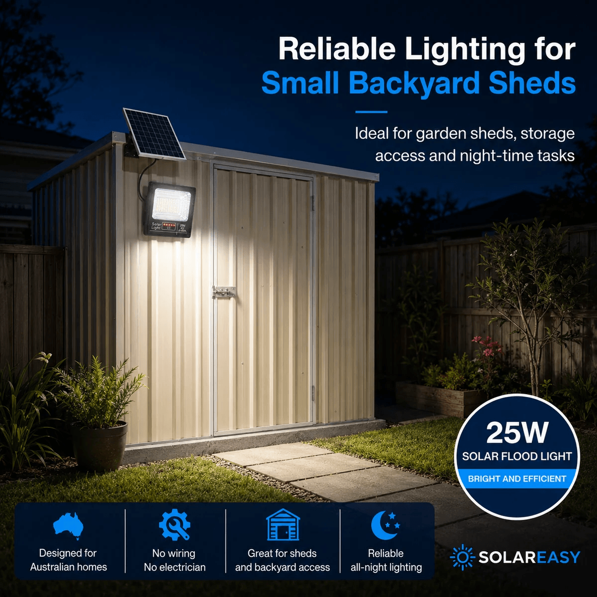 25W solar floodlight mounted on a backyard garden shed. Reliable outdoor solar security lights for night-time tasks.