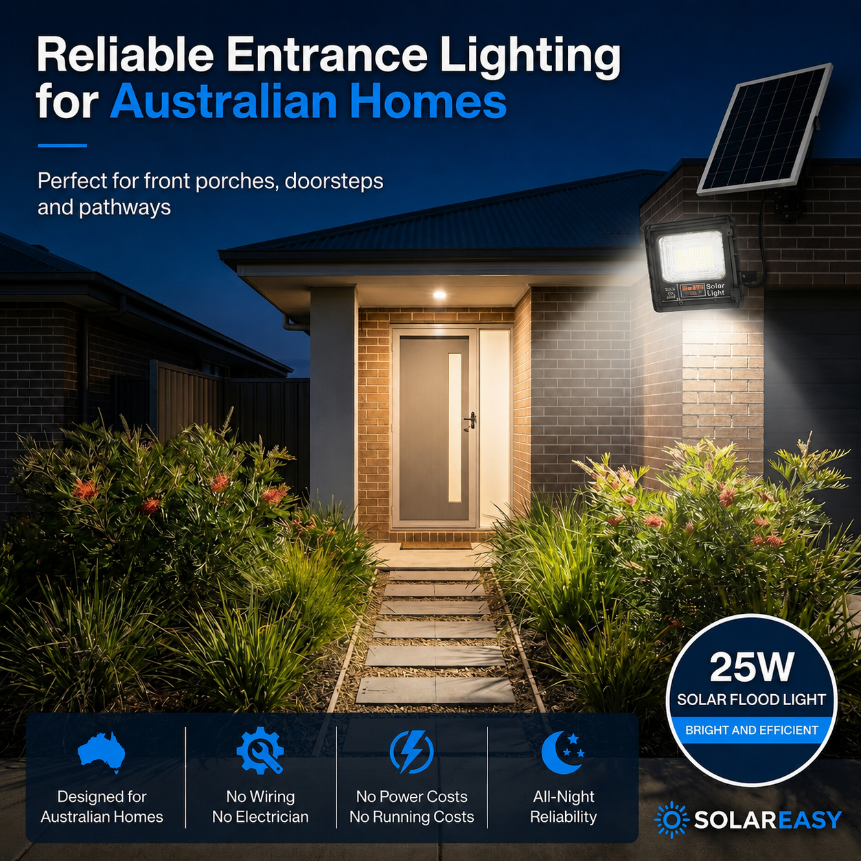 25W solar floodlight illuminating a front porch entryway pathway. Outdoor solar security lights for Australian homes.