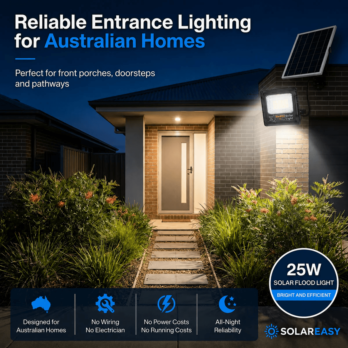 25W solar floodlight illuminating a front porch entryway pathway. Outdoor solar security lights for Australian homes.
