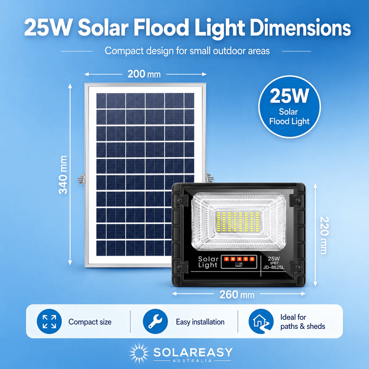 25W solar floodlight dimensions infographic showing 260 mm by 220 mm light fixture beside a 340 mm by 200 mm solar panel.