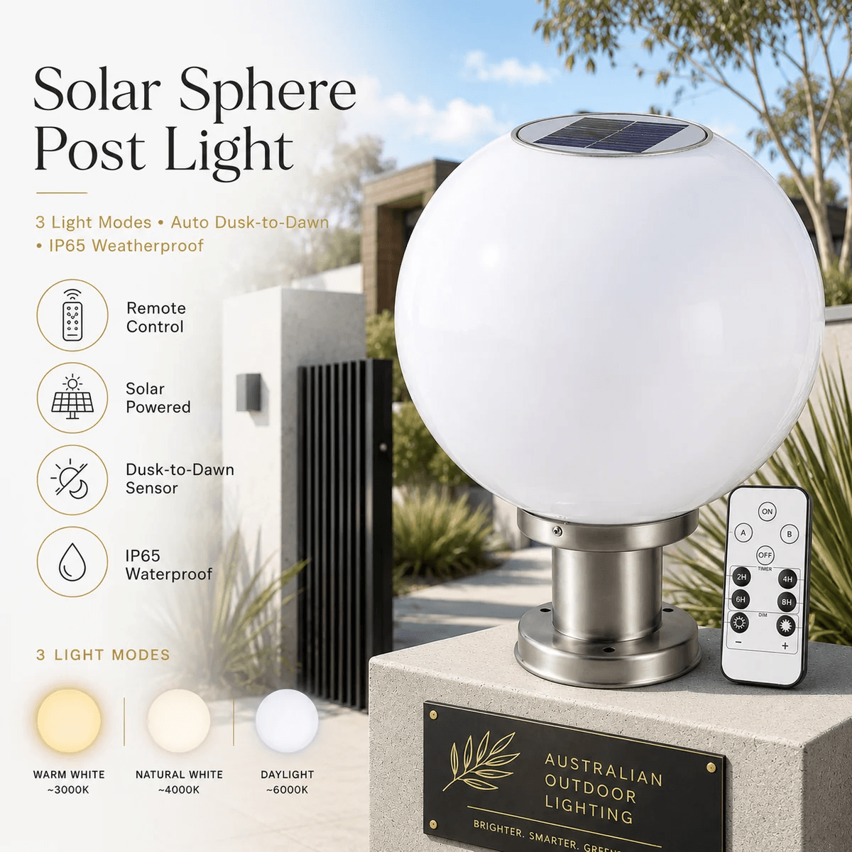 30cm Solar Globe Pillar Light with a stainless steel base mounted on a gray concrete post in Australia