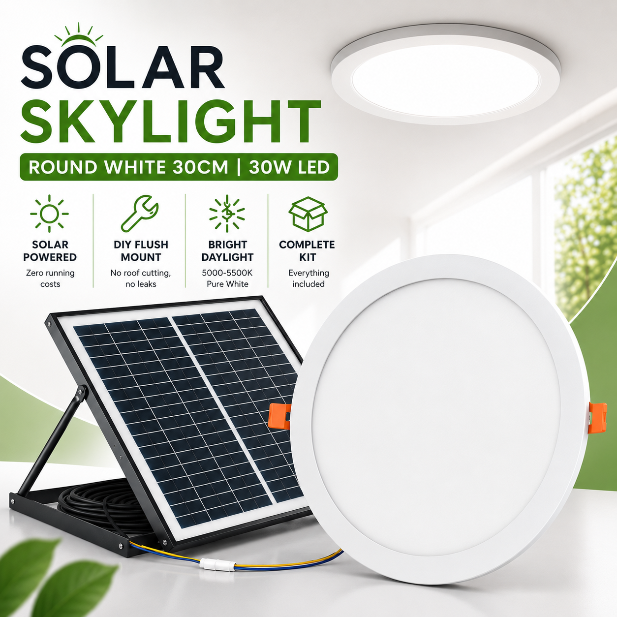 Complete 30W solar skylight kit for Australian homes featuring a 30cm round solar powered skylight panel and an external roof mount solar panel ceiling light unit.