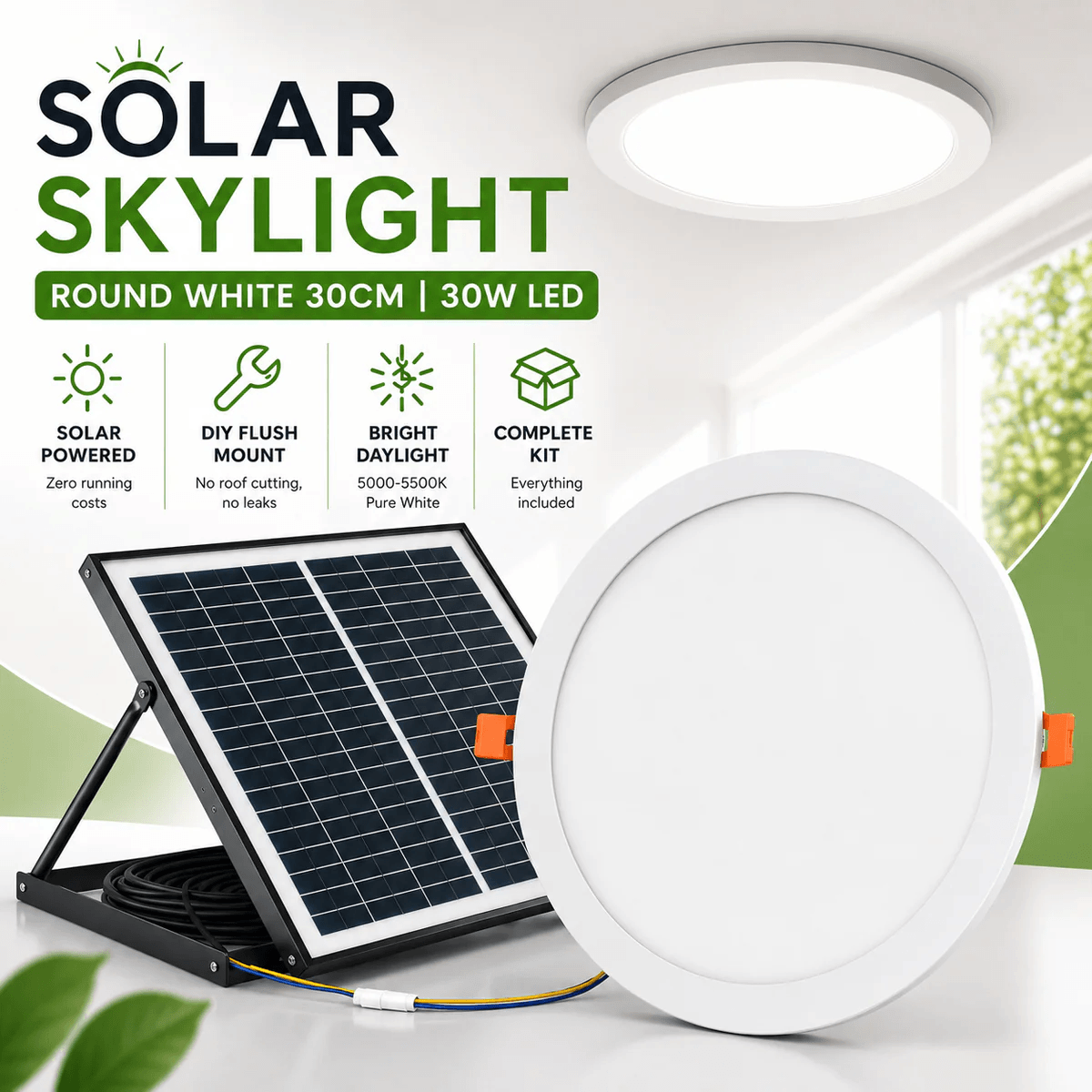 Complete 30W solar skylight kit for Australian homes featuring a 30cm round solar powered skylight panel and an external roof mount solar panel ceiling light unit.