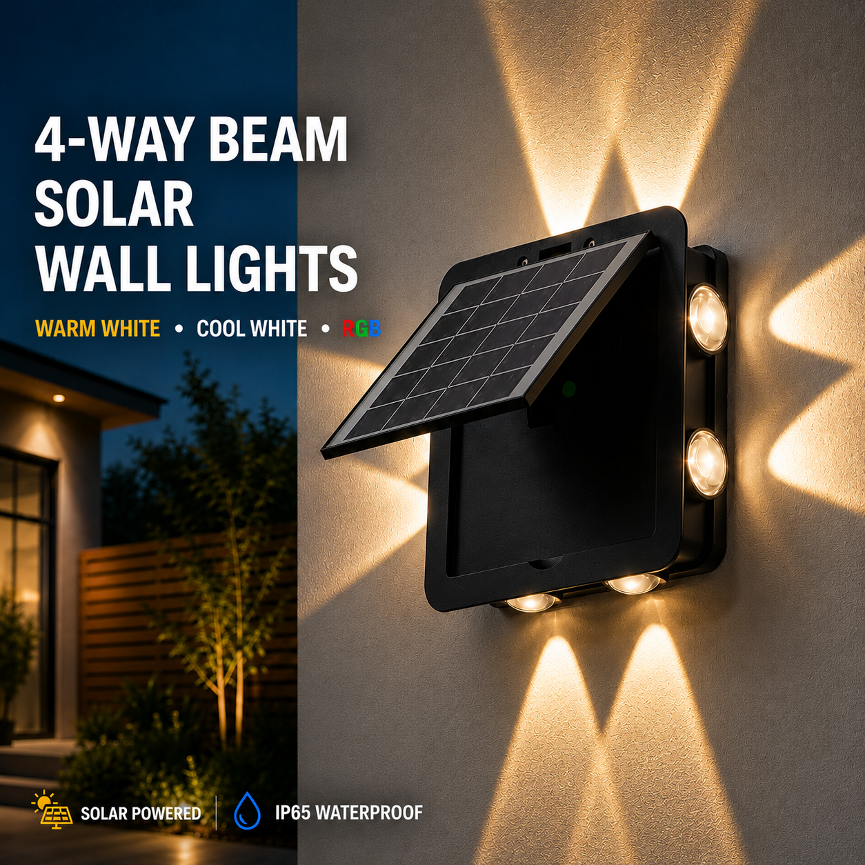 A black 4 direction beam solar wall light with an adjustable solar panel mounted on a wall, projecting a bright warm white X-pattern architectural light spread.