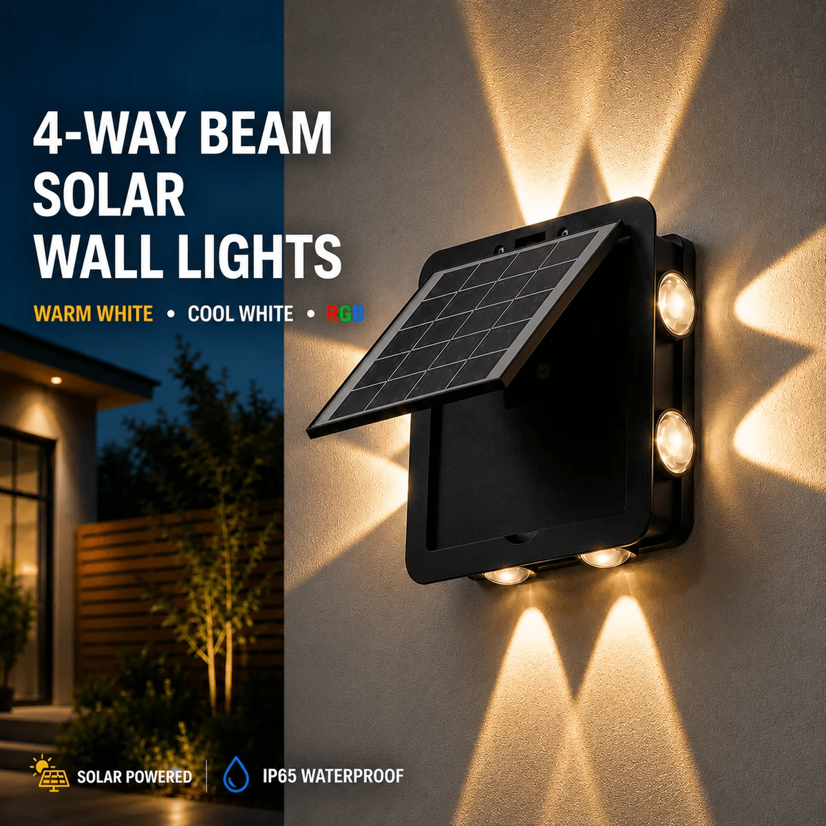A black 4 direction beam solar wall light with an adjustable solar panel mounted on a wall, projecting a bright warm white X-pattern architectural light spread.