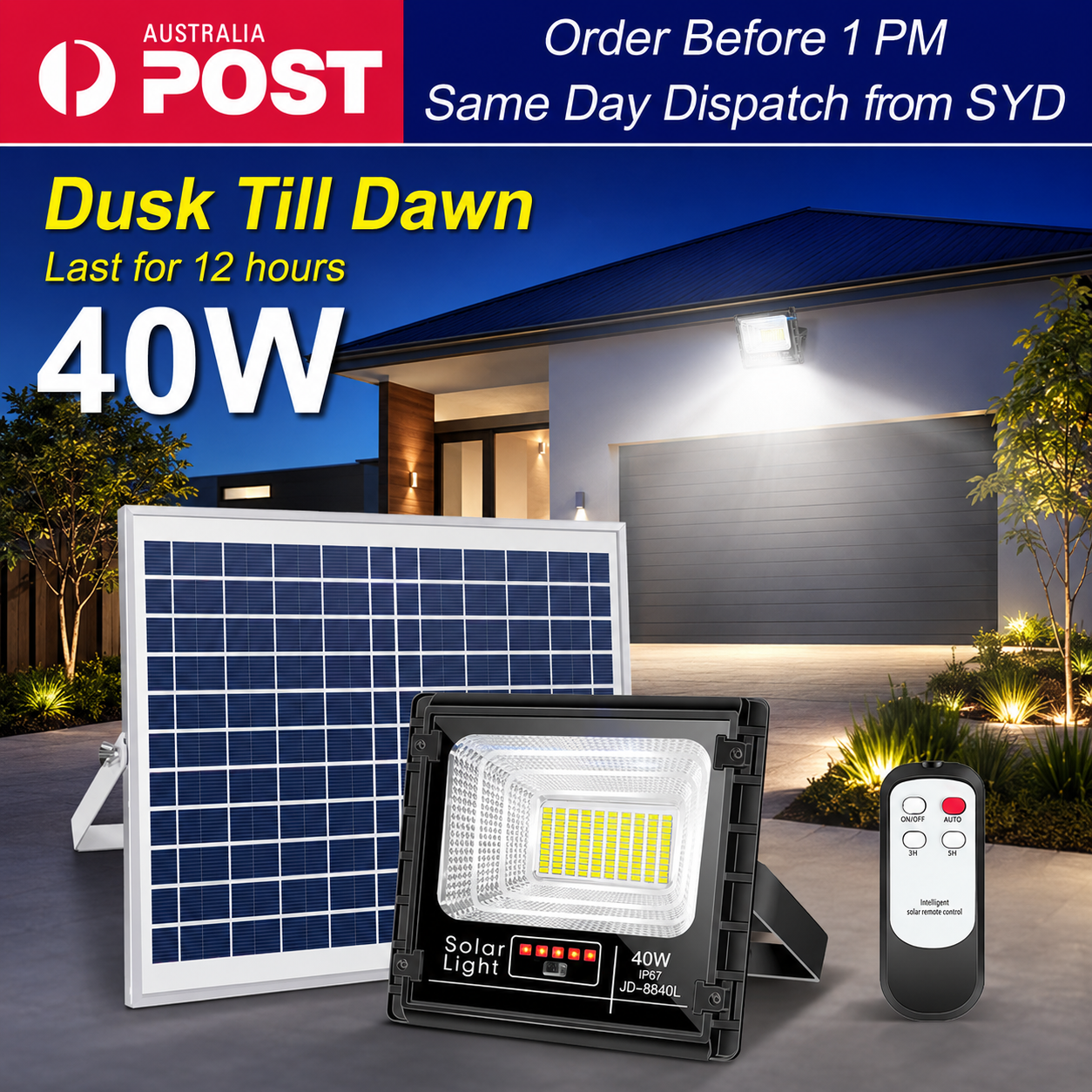 40W LED solar street flood light kit with polycrystalline solar panel wireless remote control and IP67 waterproof JD-8840L model markings for commercial outdoor security lighting