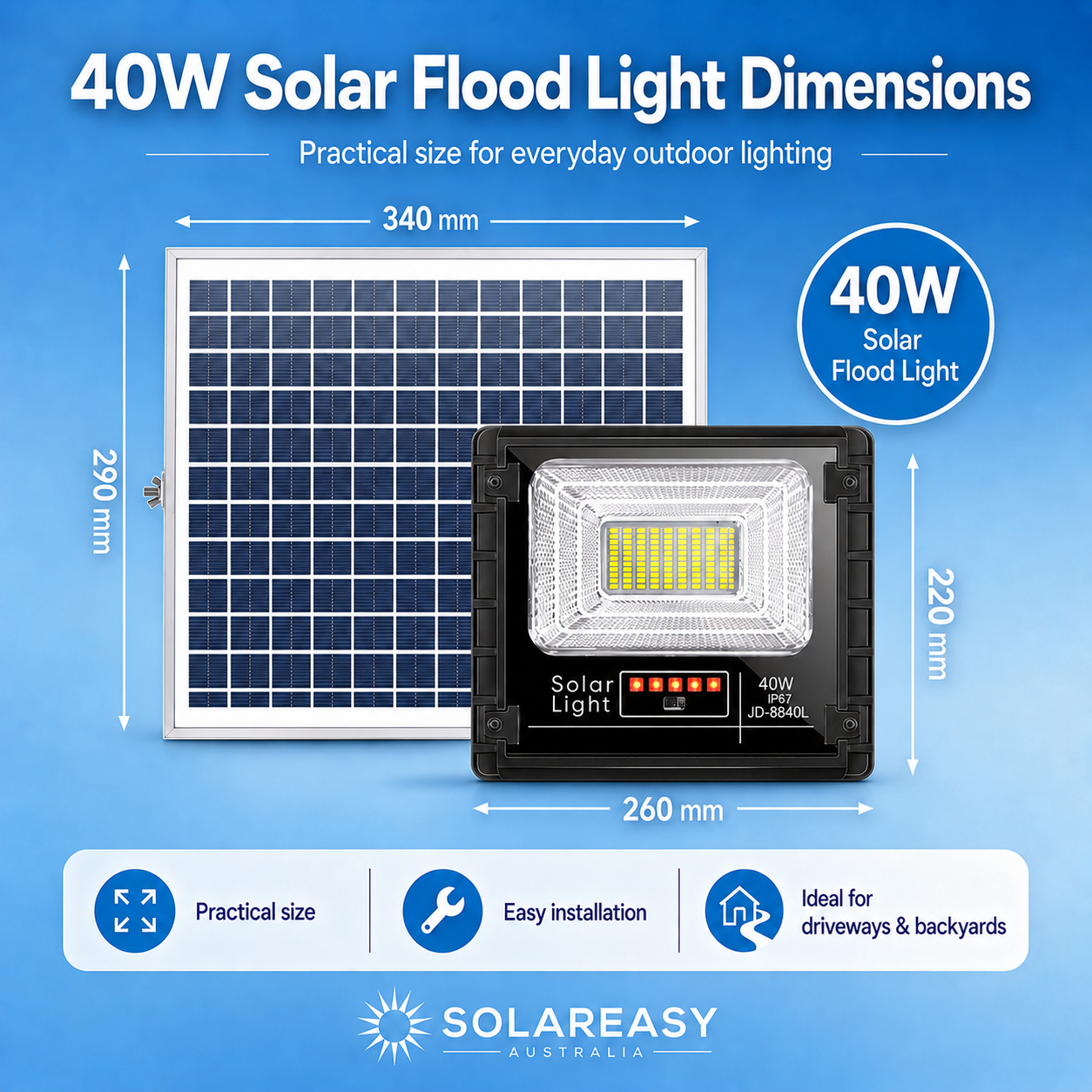 40W solar powered security lights size guide. Shows 260mm x 220mm fixture and 340mm x 290mm panel specifications.