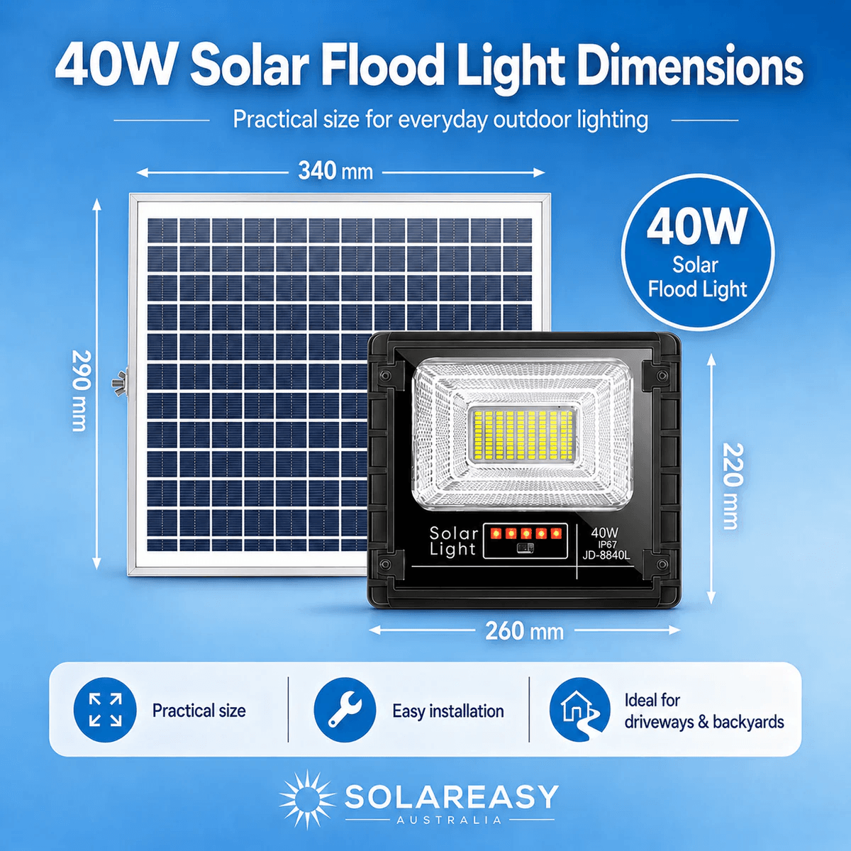 40W solar powered security lights size guide. Shows 260mm x 220mm fixture and 340mm x 290mm panel specifications.