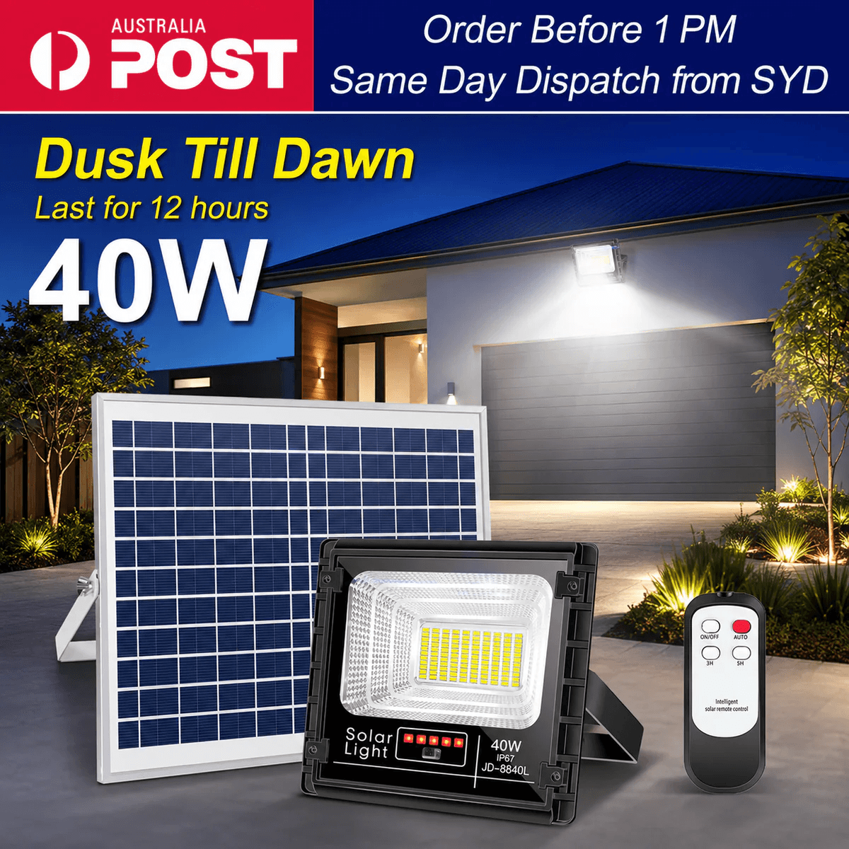 40W solar floodlight JD-8840L kit with remote. Dusk till dawn outdoor solar security lights with IP67 weather protection.