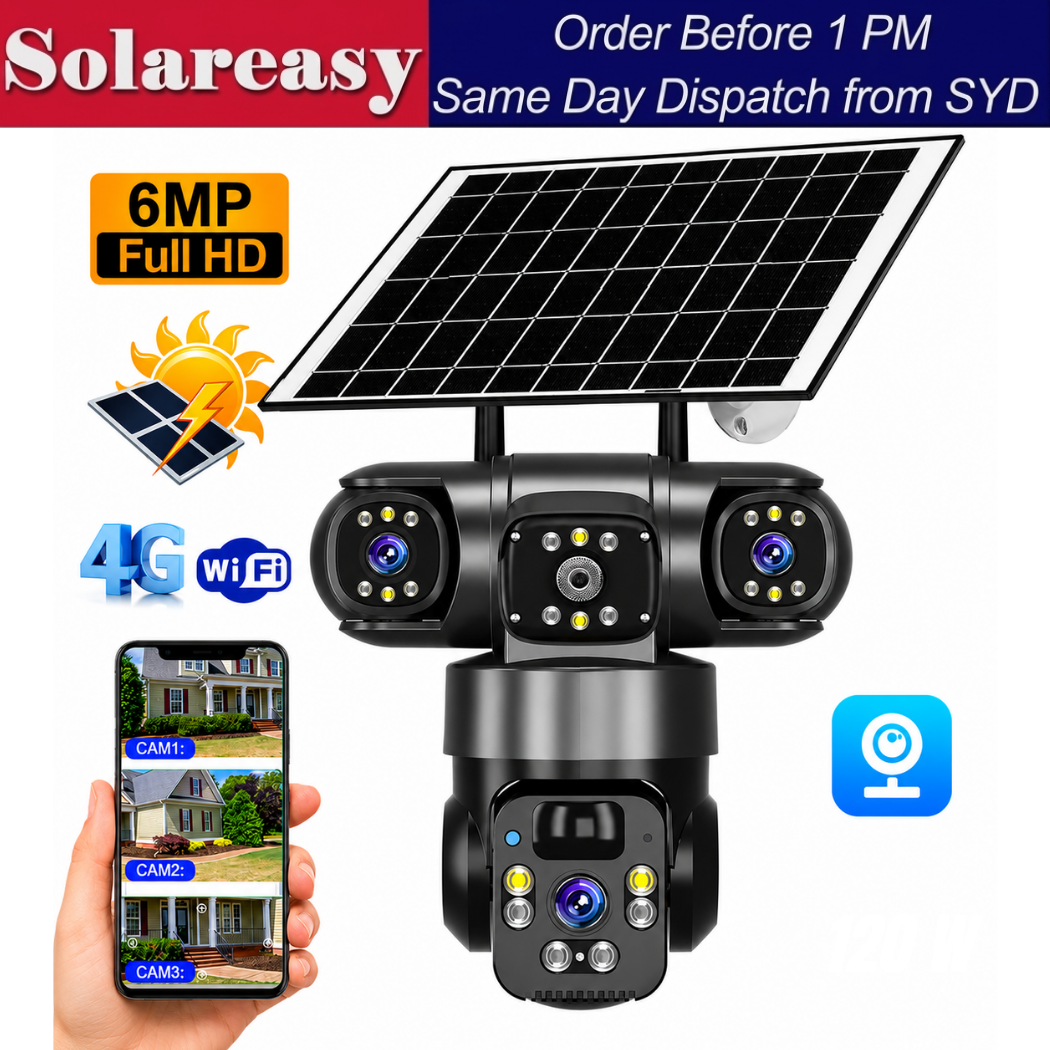 4G Solar Security Camera 6MP Triple Lens PTZ IP66 Night Vision V380Pro