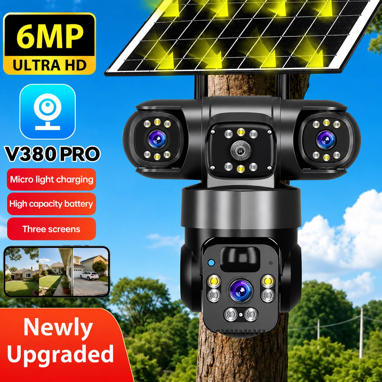 4G Solar Security Camera 6MP Triple Lens PTZ IP66 Night Vision V380Pro