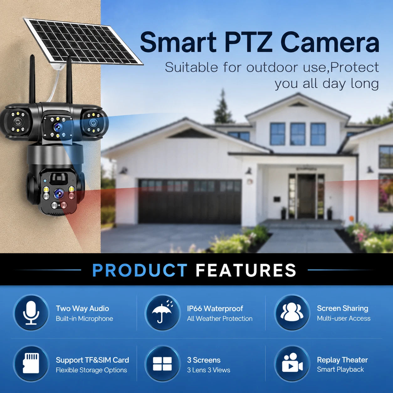 4G Solar Security Camera 6MP Triple Lens PTZ IP66 Night Vision V380Pro