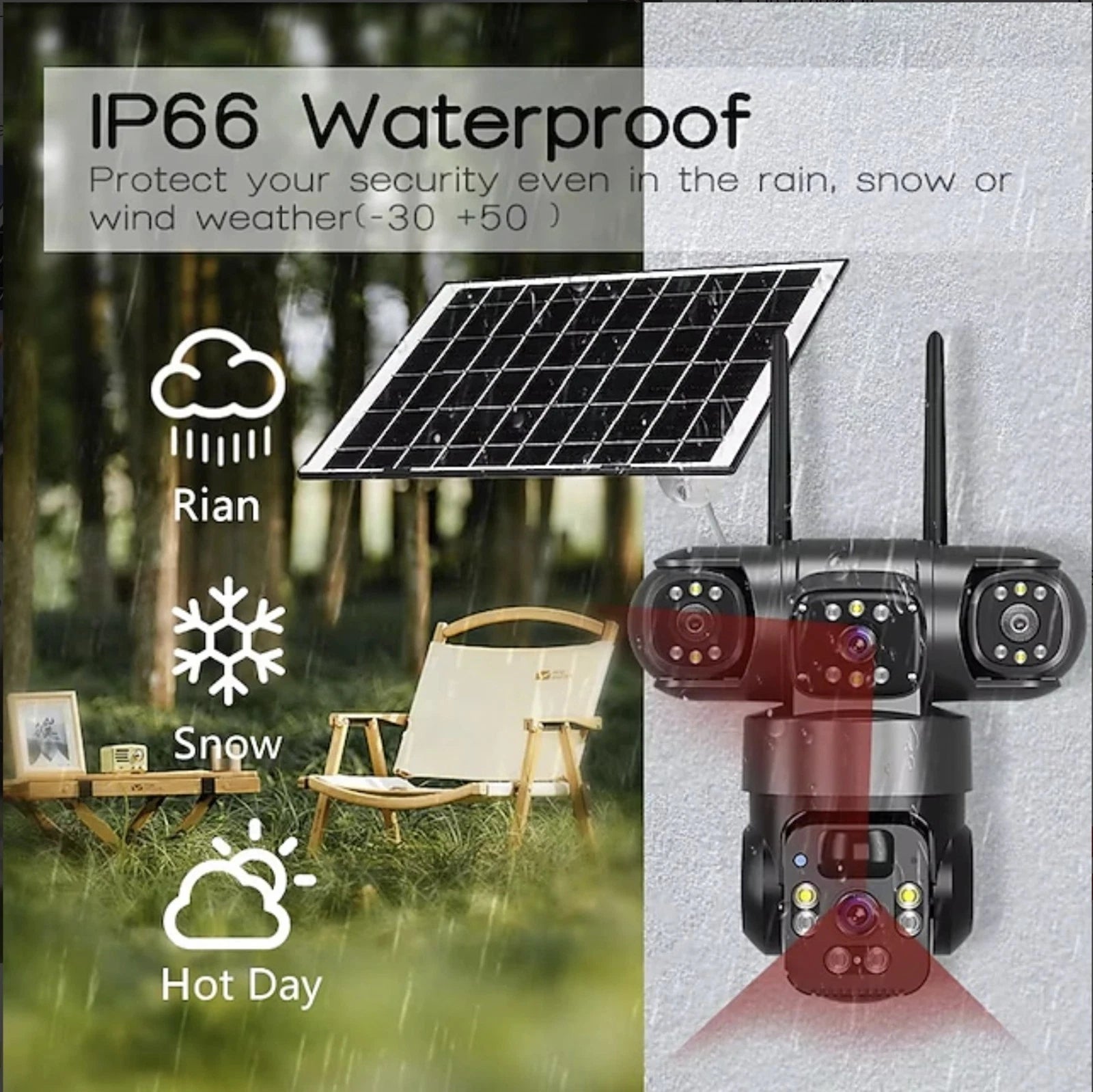 4G Solar Security Camera 6MP Triple Lens PTZ IP66 Night Vision V380Pro