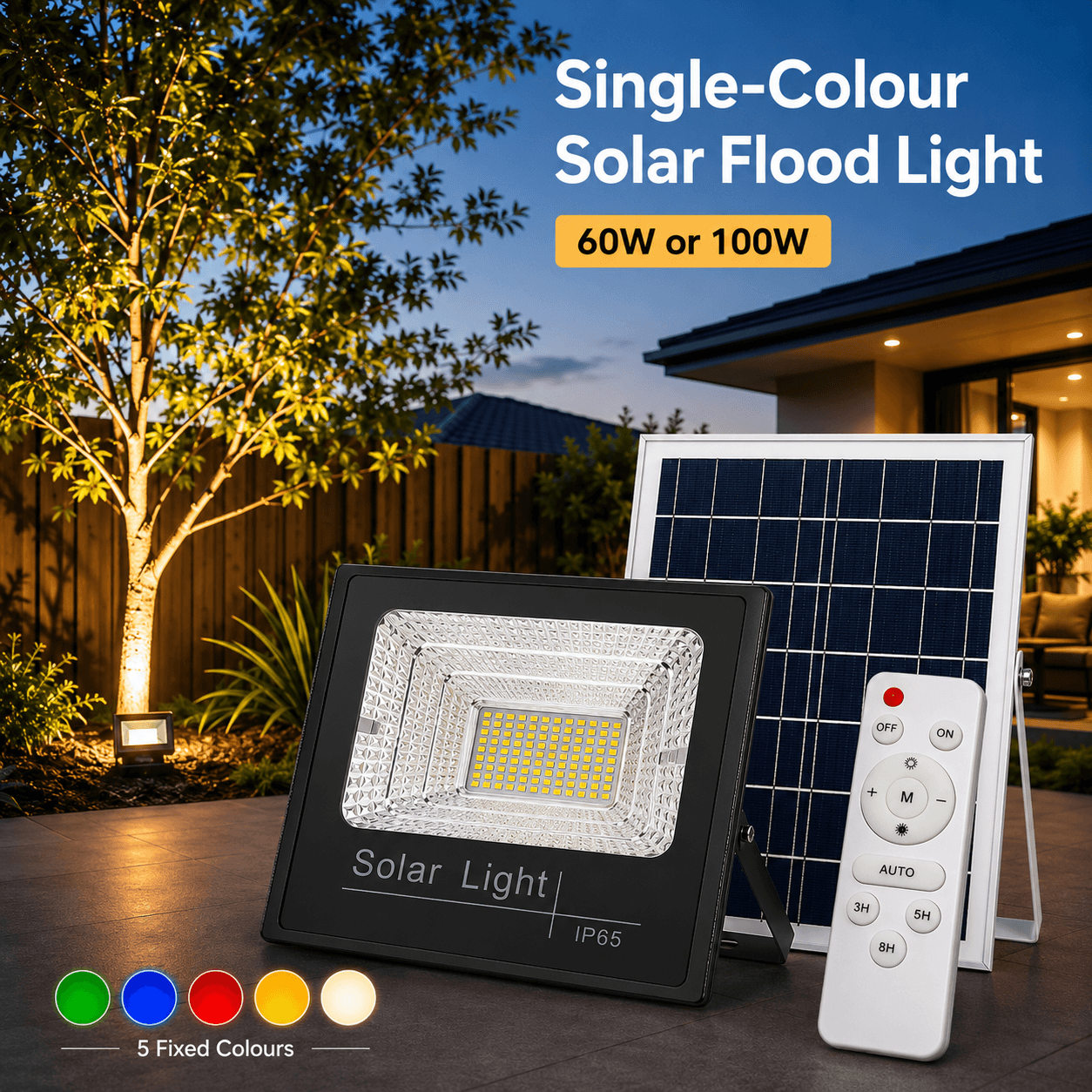 SolarEasy 60W or 100W single colour solar flood light kit with remote control, solar panel, and 5 fixed colour options for Australian outdoor landscapes.