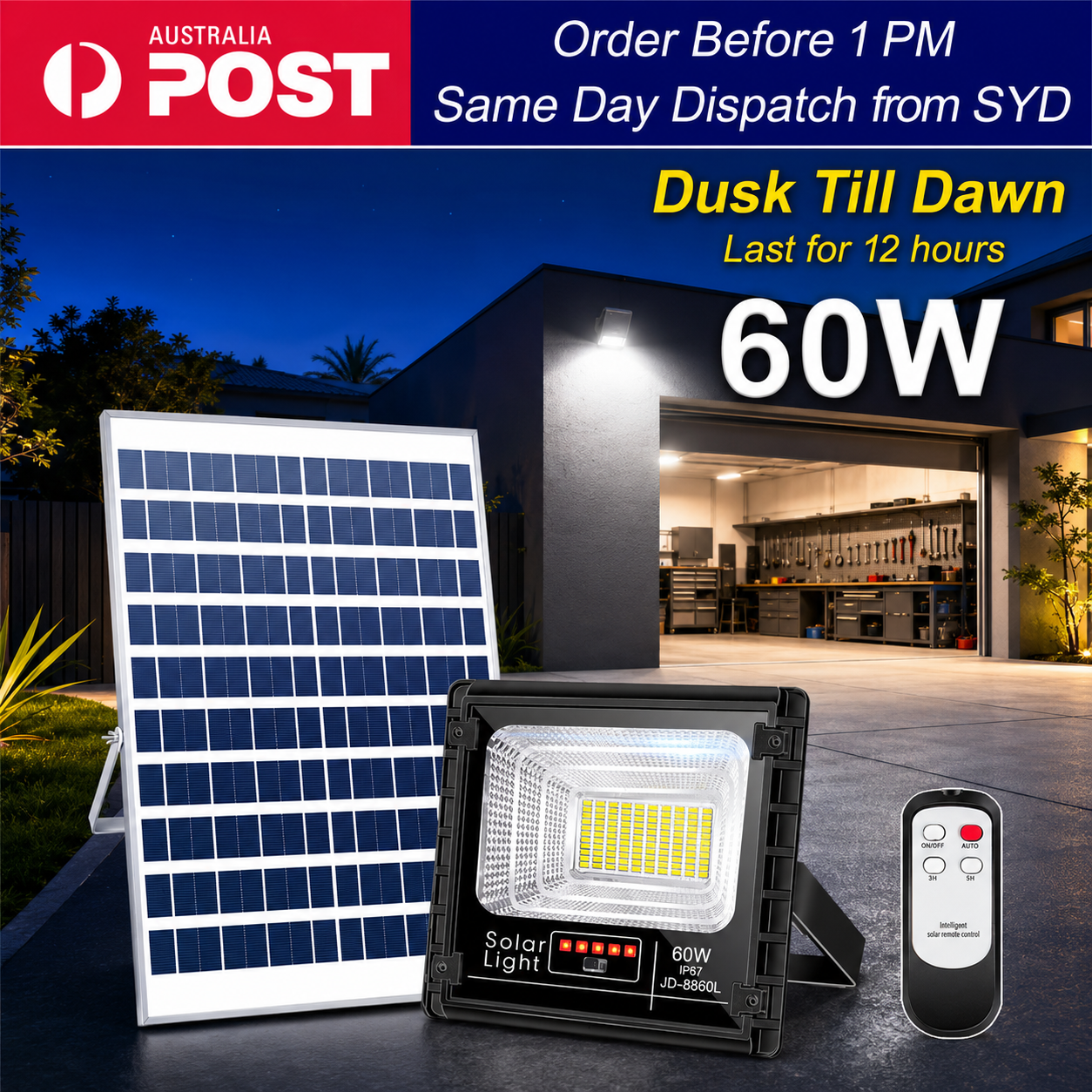 60W LED solar street flood light kit with polycrystalline solar panel wireless remote control and IP67 waterproof JD-8860L model markings for commercial outdoor security lighting
