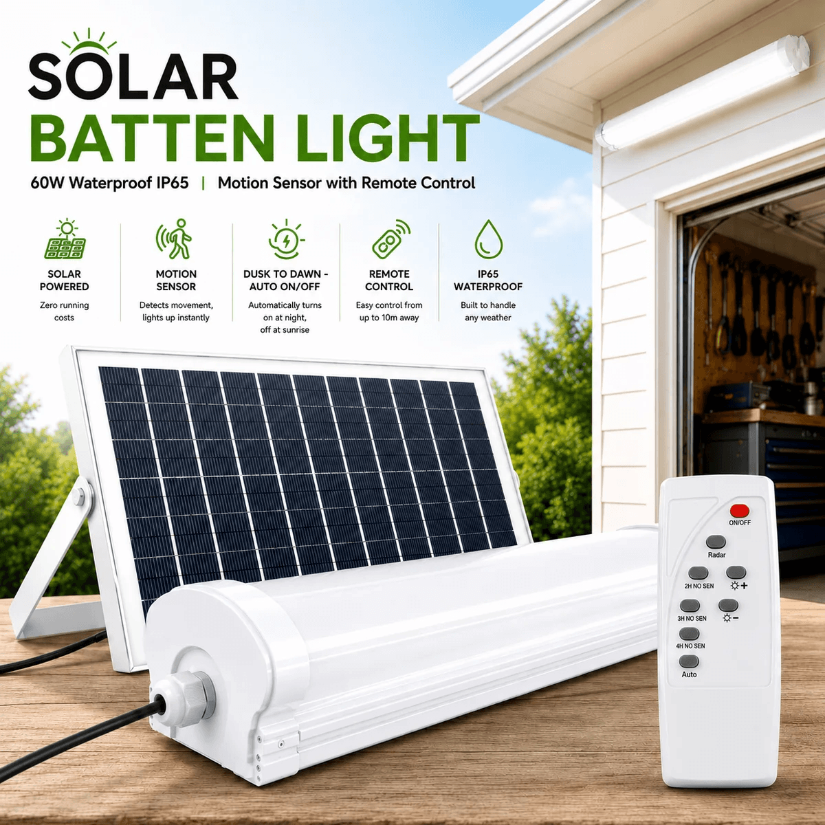 60W solar batten light kit with polycrystalline solar panel, remote control, and waterproof solar tube shed light.