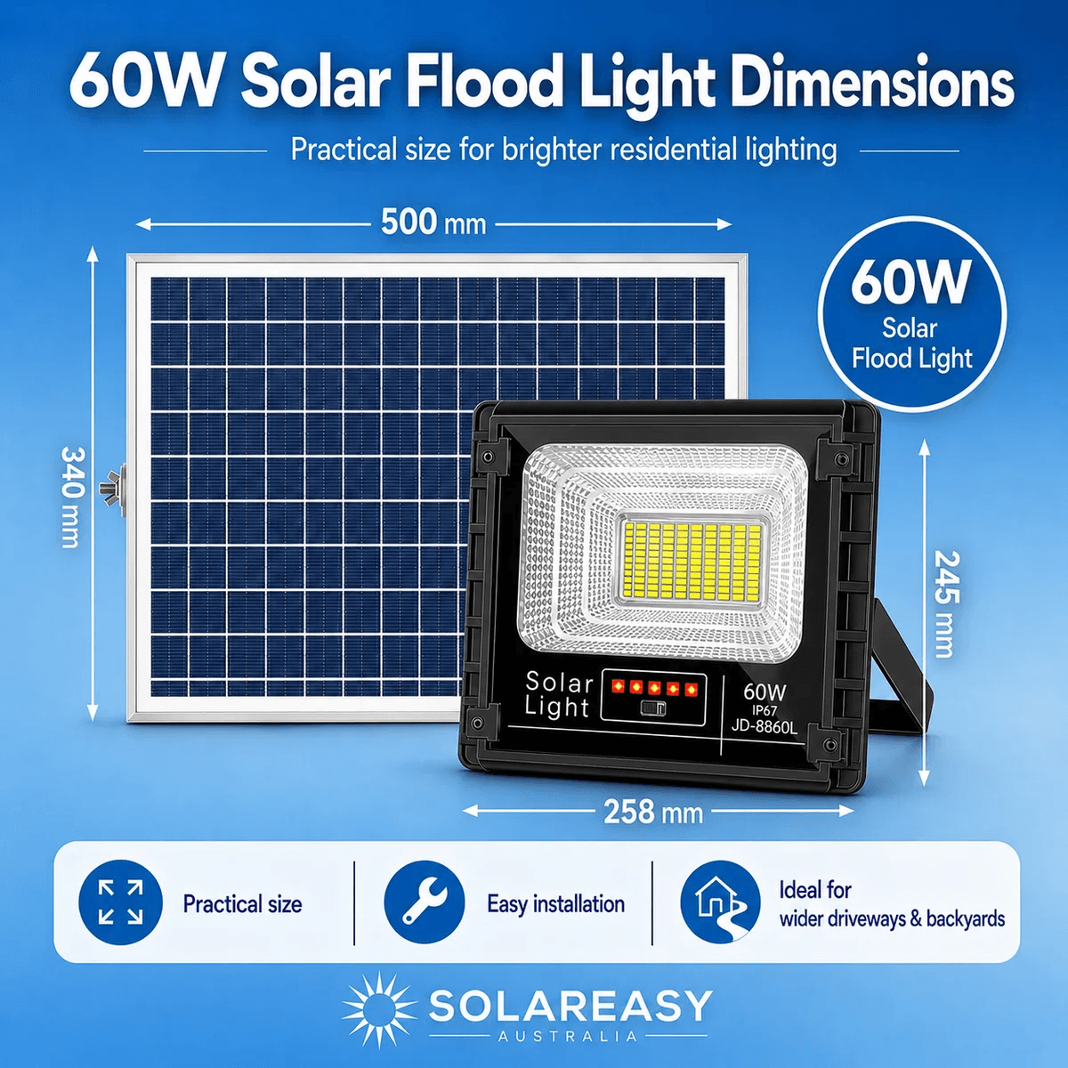 60W solar powered security lights size guide. Shows 258mm x 245mm fixture and 500mm x 340mm panel specifications.