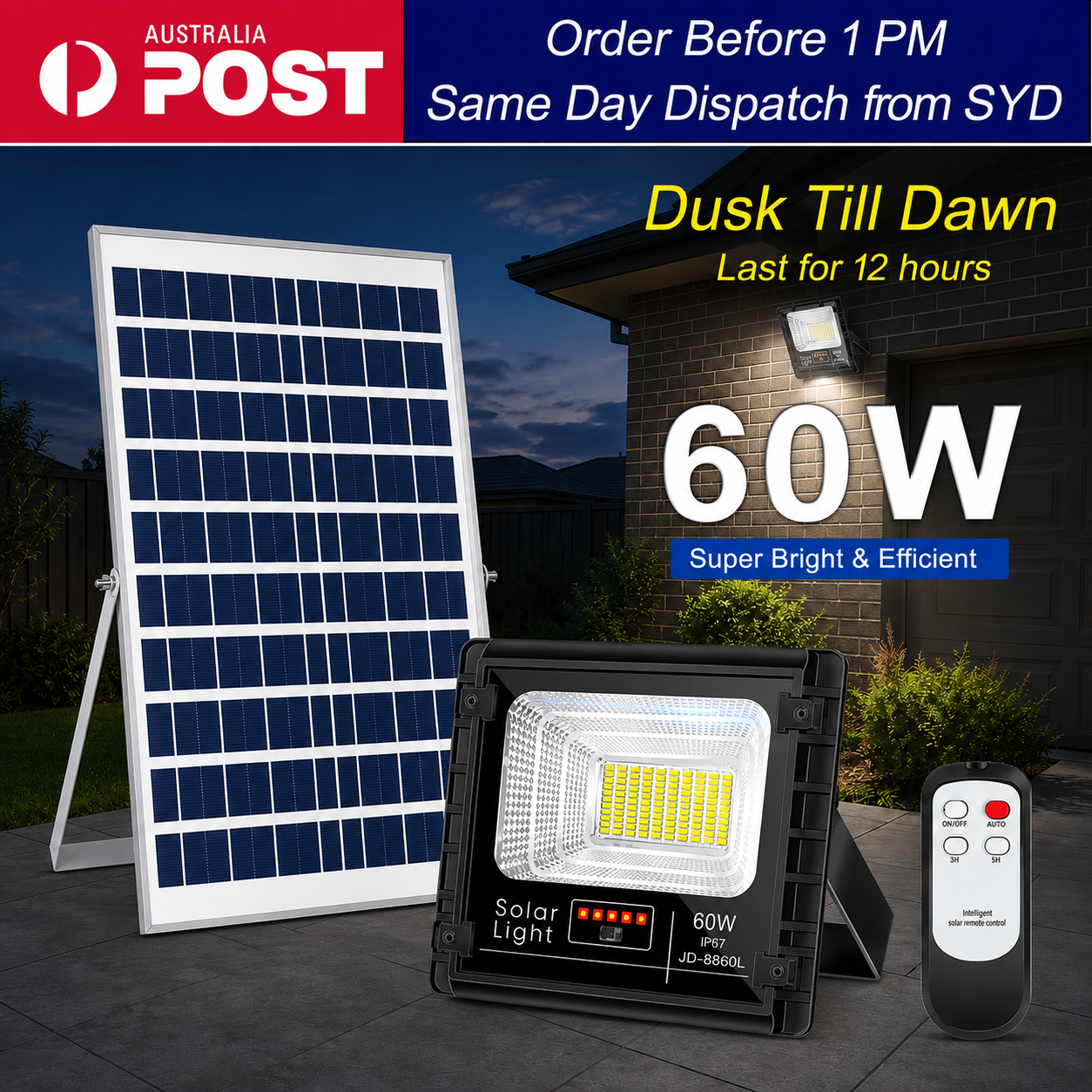 60W commercial solar powered flood lights kit showcasing Australia Post same day dispatch from Sydney with a dusk till dawn 12 hour runtime badge.