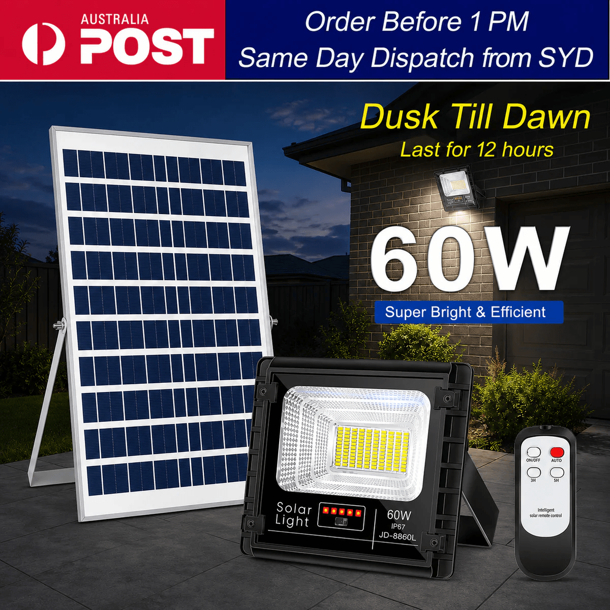 60W commercial solar powered flood lights kit showcasing Australia Post same day dispatch from Sydney with a dusk till dawn 12 hour runtime badge.