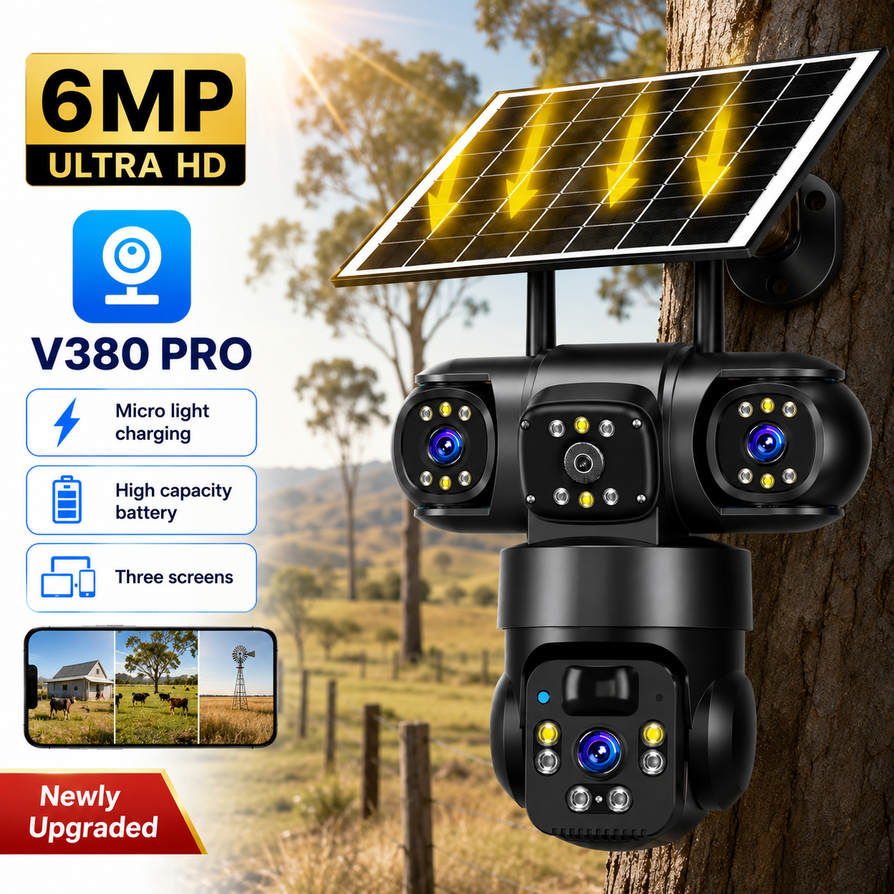 Solar powered security camera with a 6MP triple lens trinocular setup mounted outdoors on a farm, showing the high capacity battery charging via solar panel and three screen monitoring on the V380 Pro app.