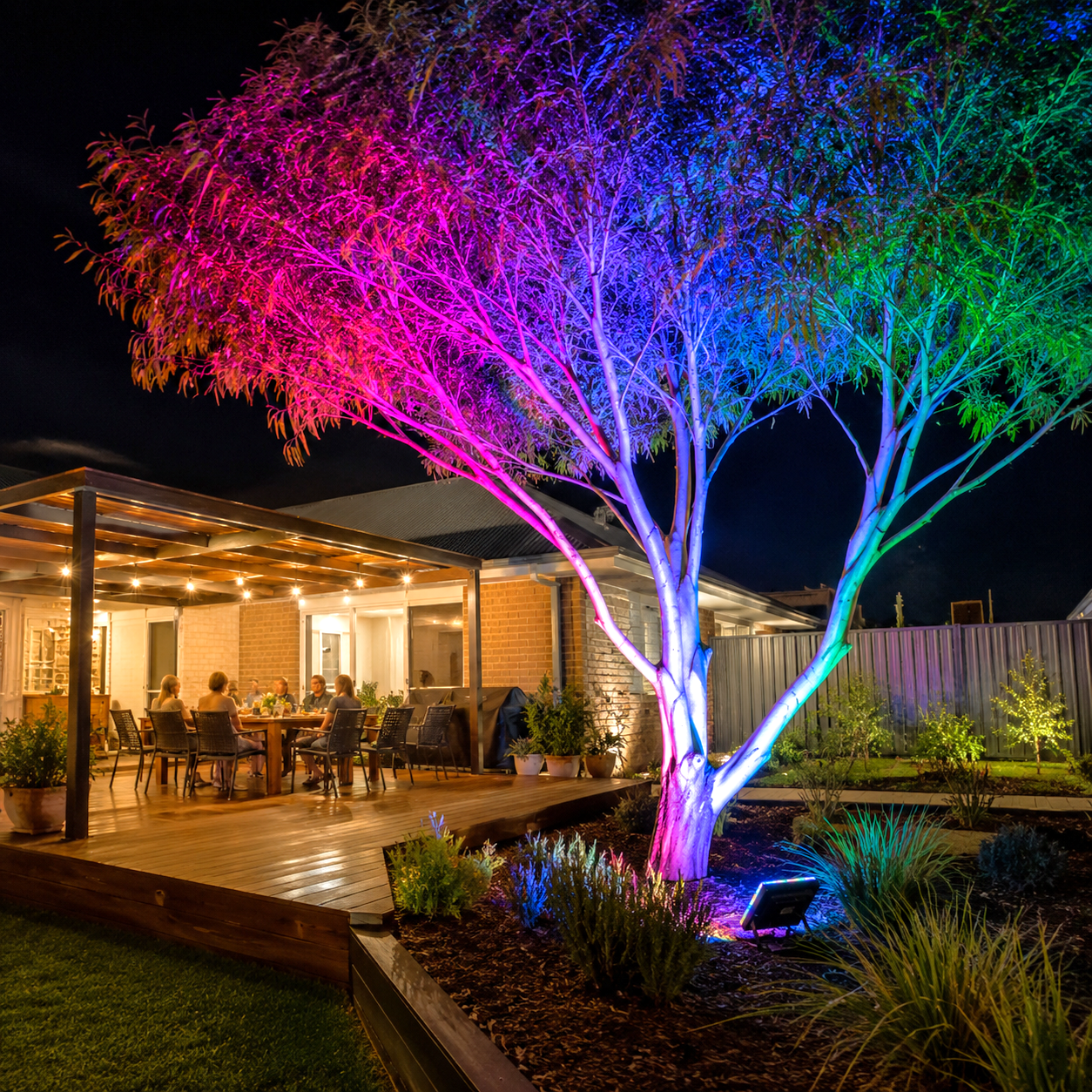 A 7 colour solar light vibrant uplighting setup on a large backyard tree next to a timber patio deck where people are enjoying an outdoor dinner party.