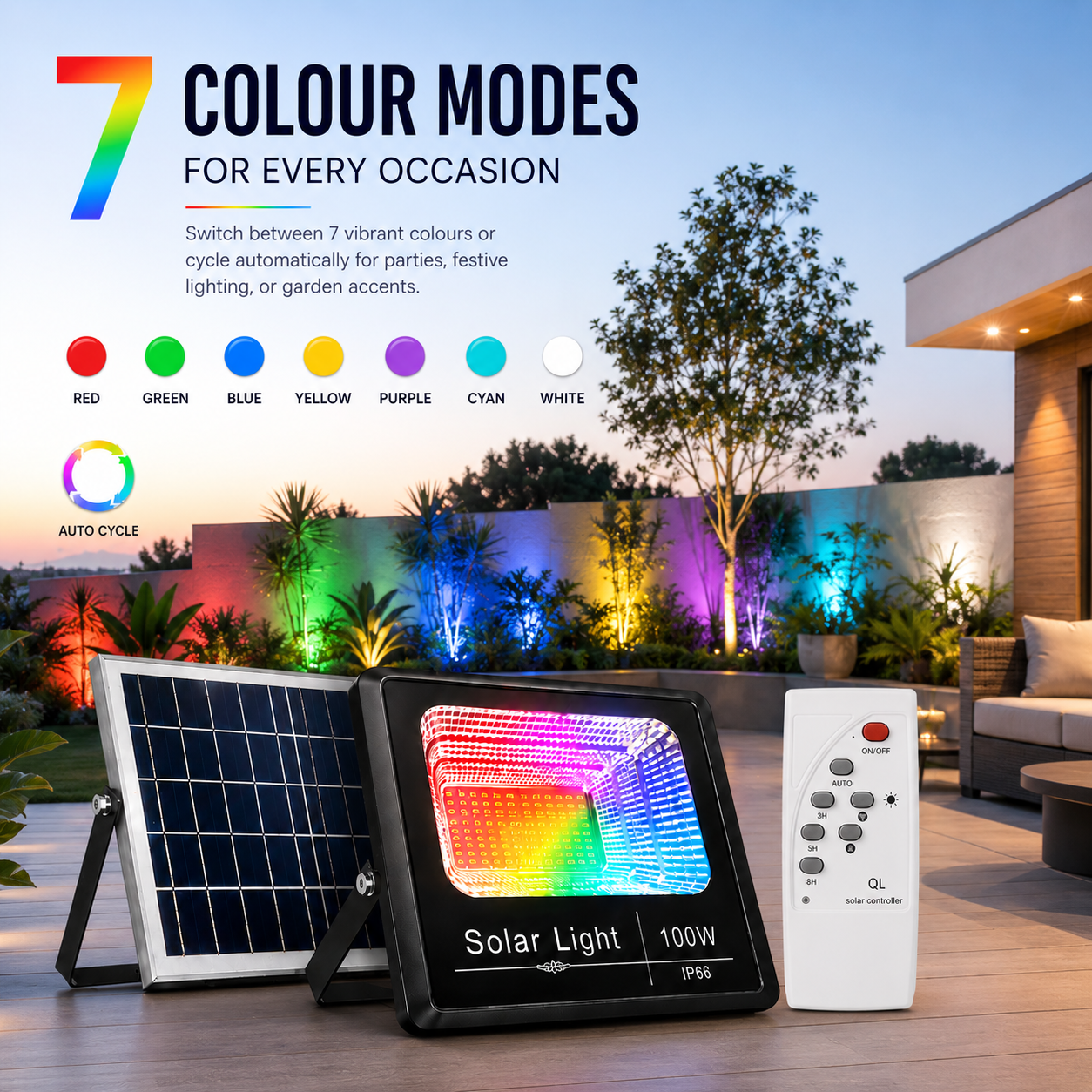 An illustrative overview of the 7 colour solar light modes showing the auto-cycle option for party settings alongside a 100W multi-color solar outdoor fixture.