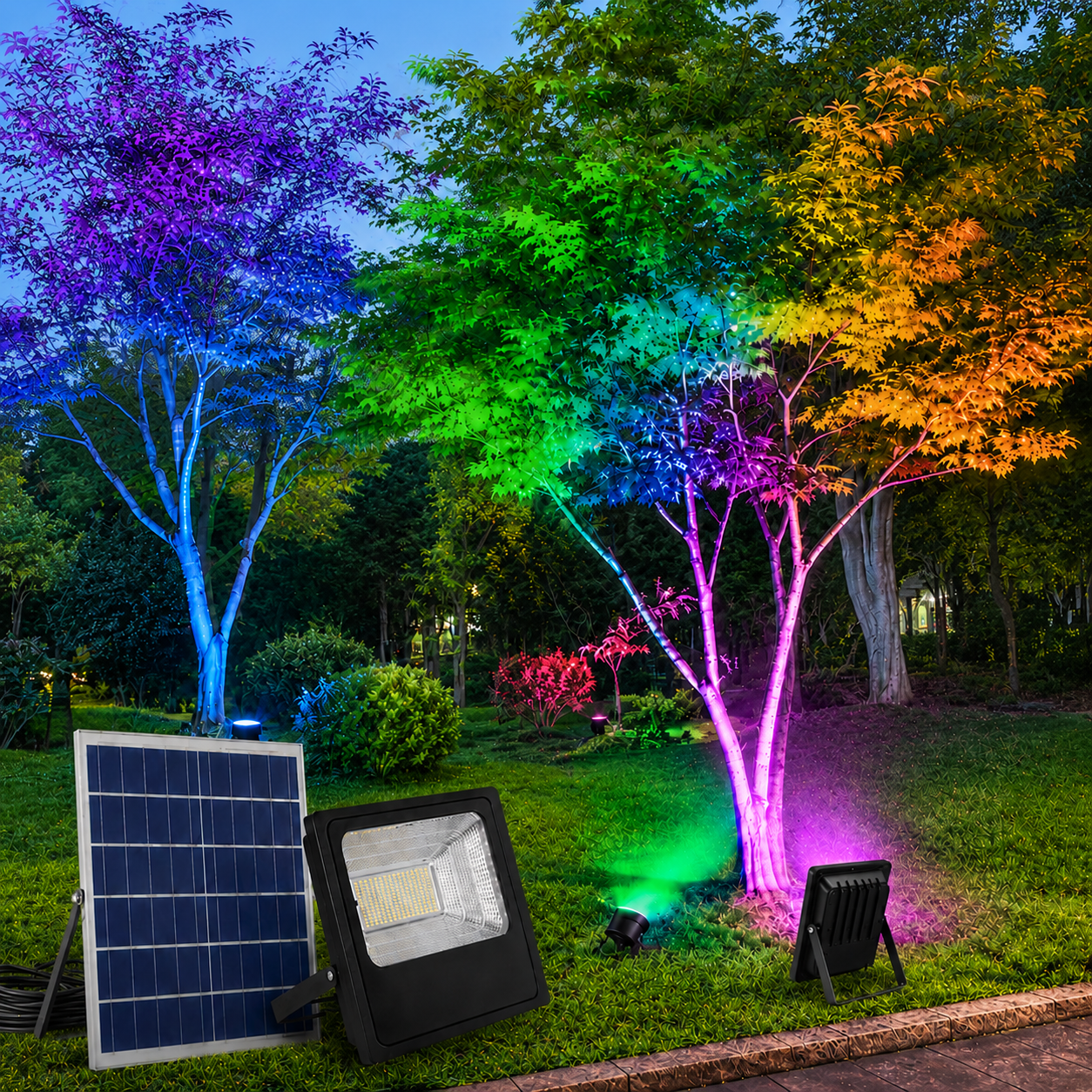 A 7 colour solar light setup illustrating a multi-unit layout where multiple color-changing fixtures illuminate separate park or backyard trees with green, purple, and orange hues.