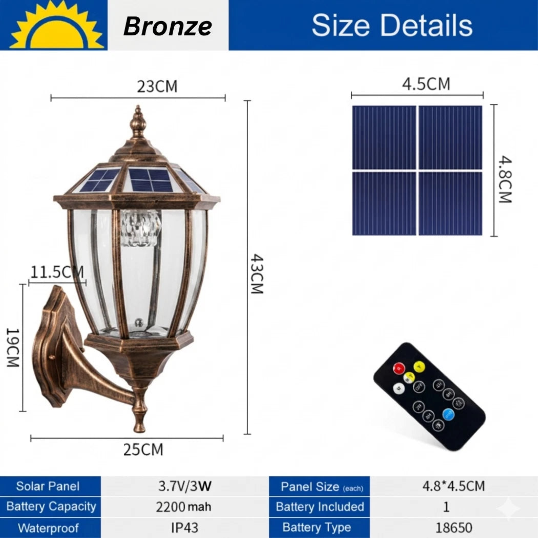Victorian Solar Wall Light Outdoor – Bronze Coach Lantern with Clear Glass & Solar Panel