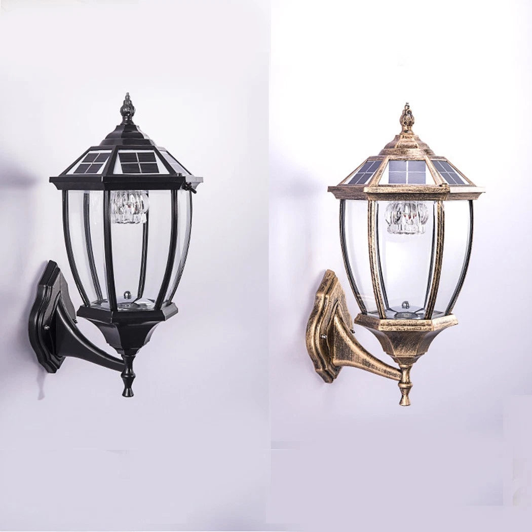 Victorian Solar Wall Light Outdoor – Bronze Coach Lantern with Clear Glass & Solar Panel